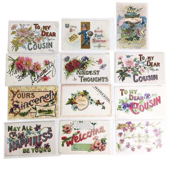 Lot 12 Antique Early 1900s Luck Friendship Cousin Floral Greeting Card Postcards - Picture 1 of 4